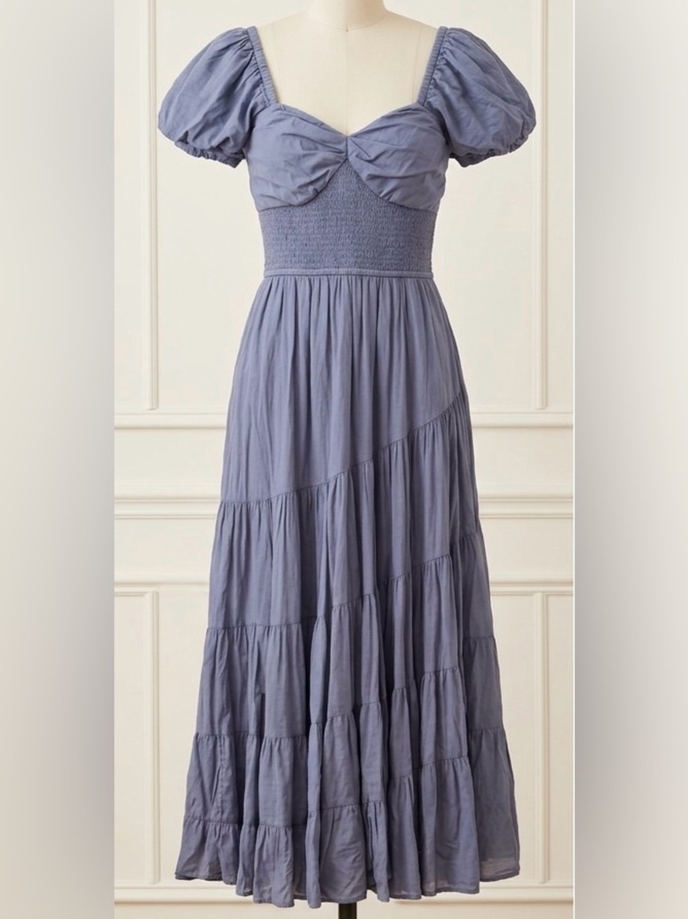 Free People Dusty Blue Puff Sleeve Tiered Maxi Dress - Picture 1 of 3
